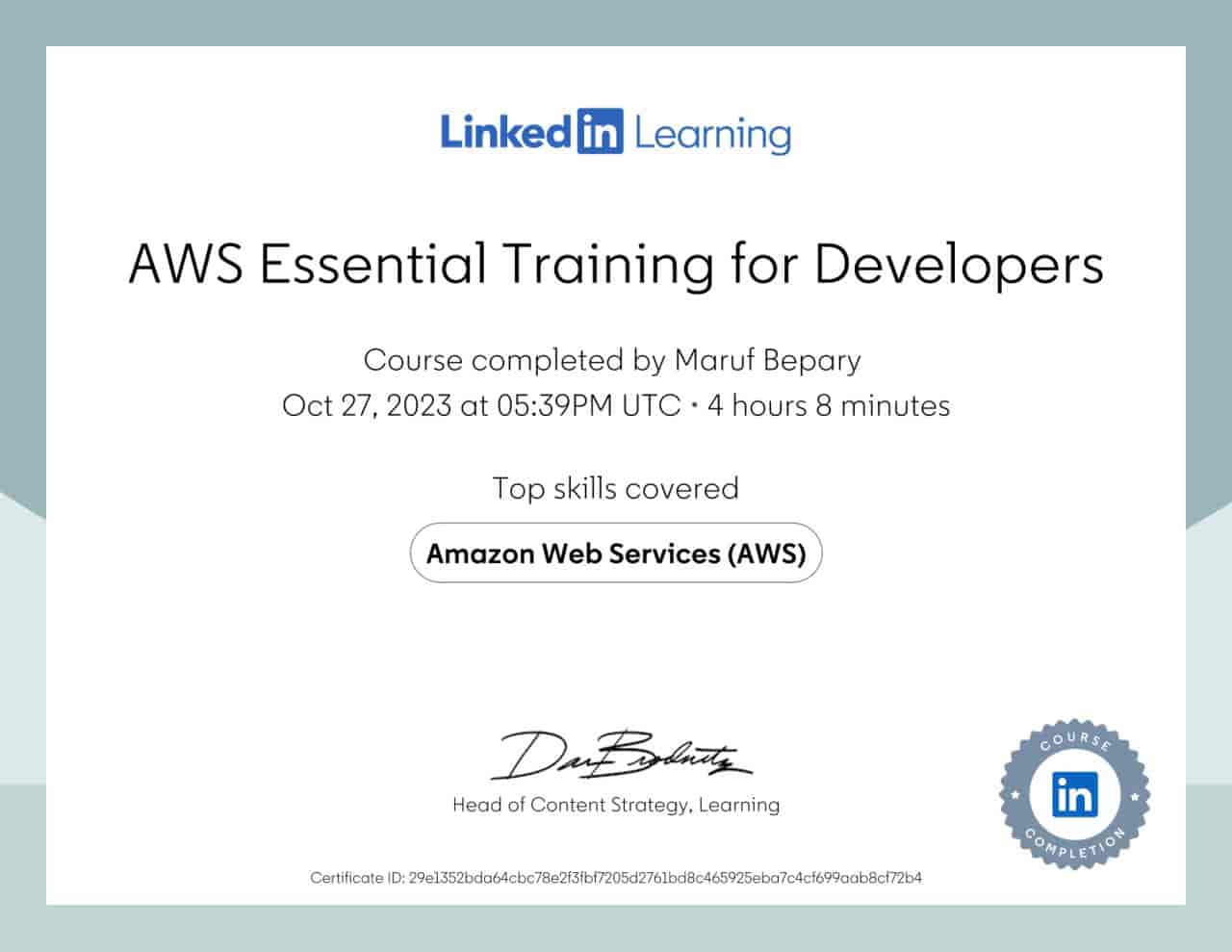 AWS Essential Training for Developers certificate image