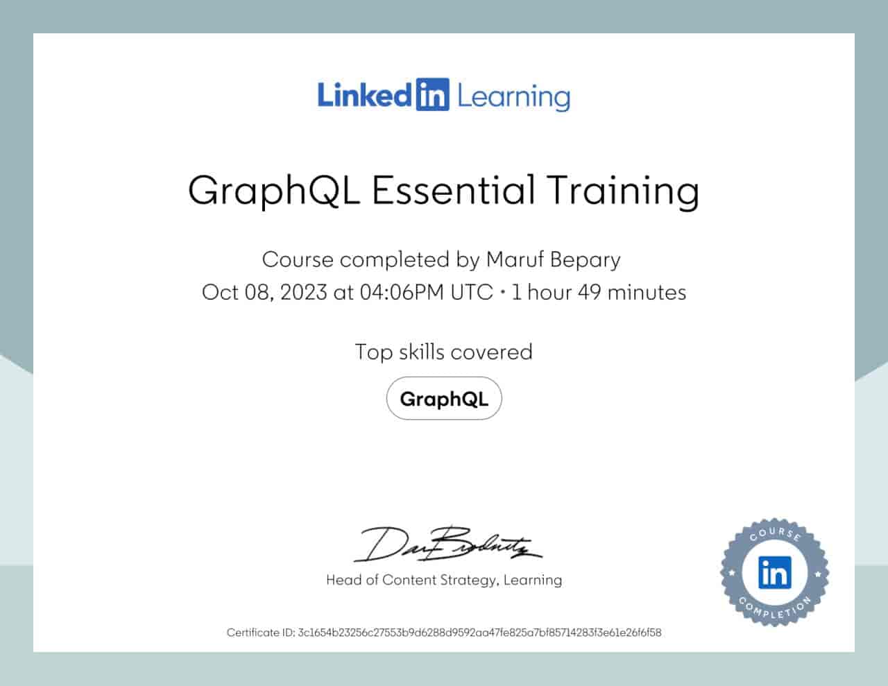 GraphQL Essential Training certificate image