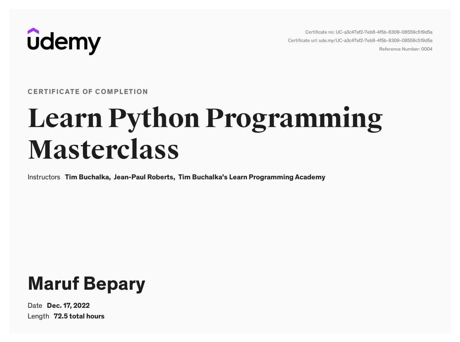 Python Programming Masterclass certificate image