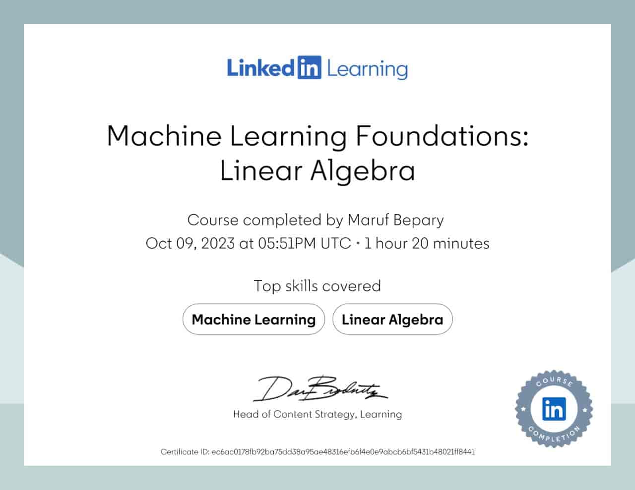 Machine Learning Foundations: Linear Algebra certificate image