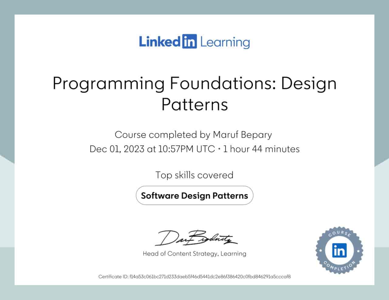 Programming Foundations: Design Patterns certificate image