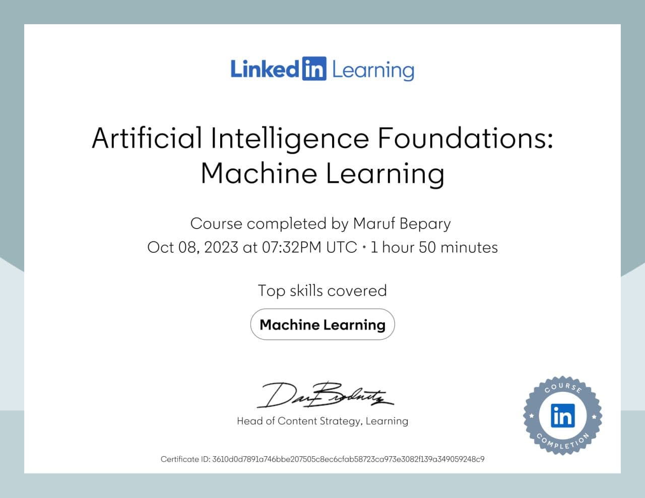 Artificial Intelligence Foundations: Machine Learning certificate image