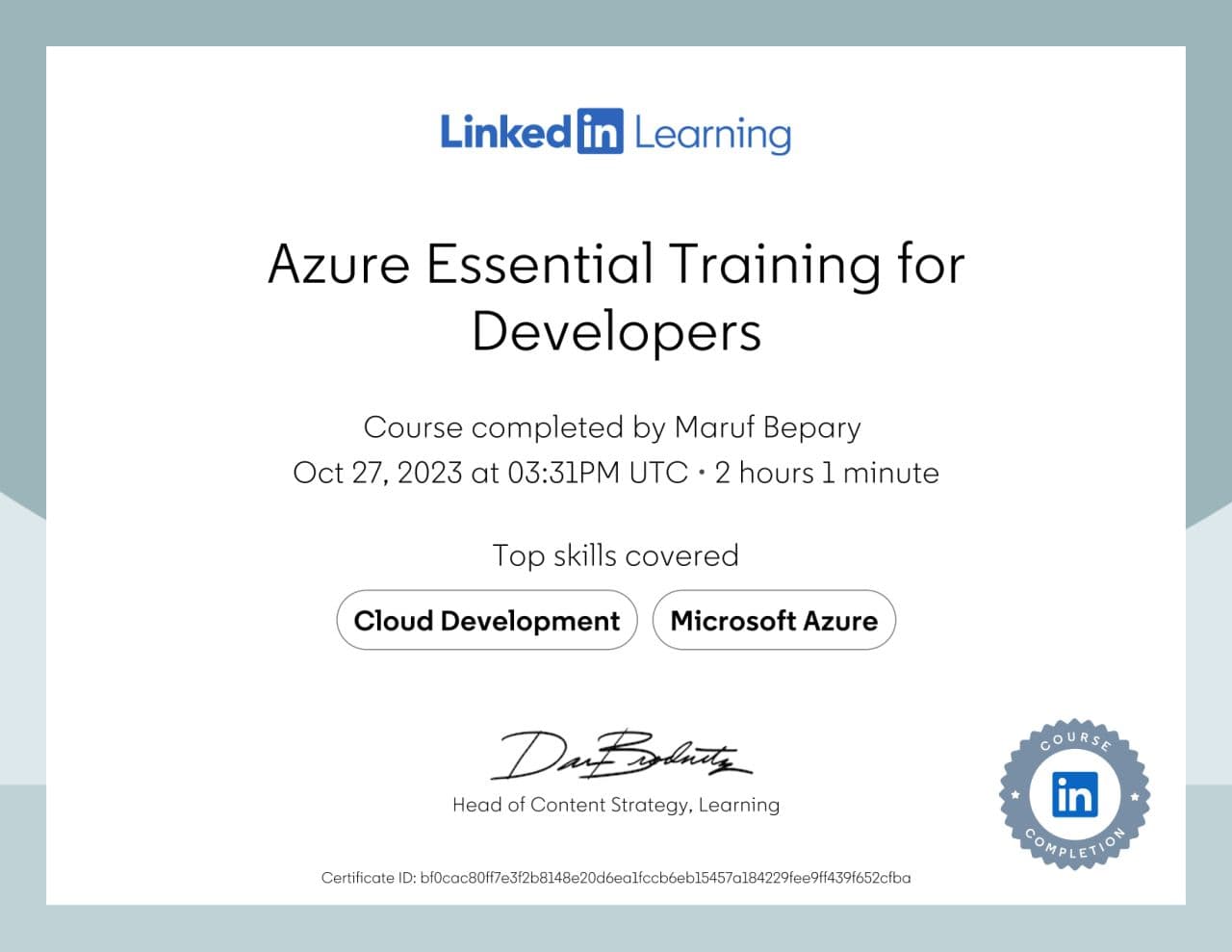 Azure Essential Training for Developers certificate image