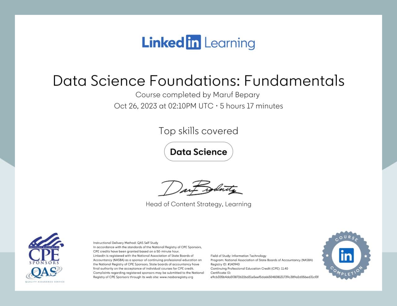 Data Science Foundations: Fundamentals certificate image